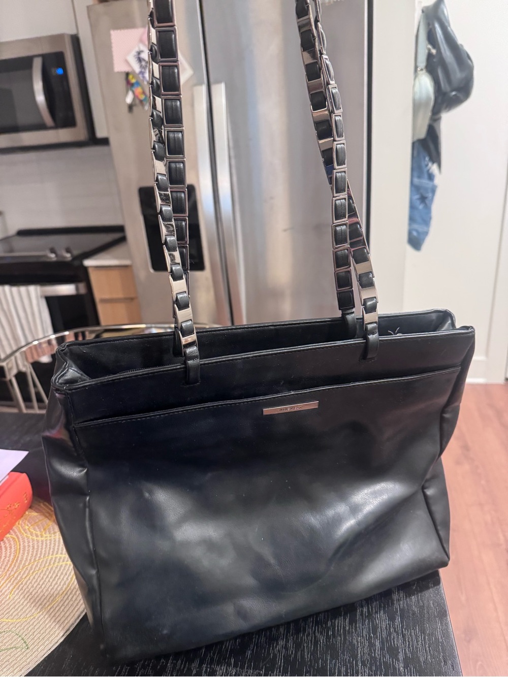Nine West Black Leather Shoulder Bag with Chain-Trim Straps - Picture 5 of 5